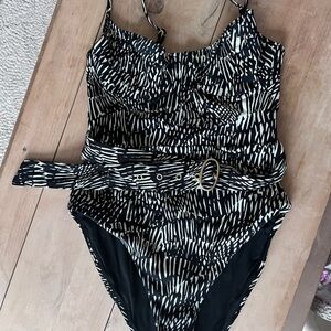 Jonathan Simkhai Black & Cream Abstract Fern Belted One-Piece Swimsuit